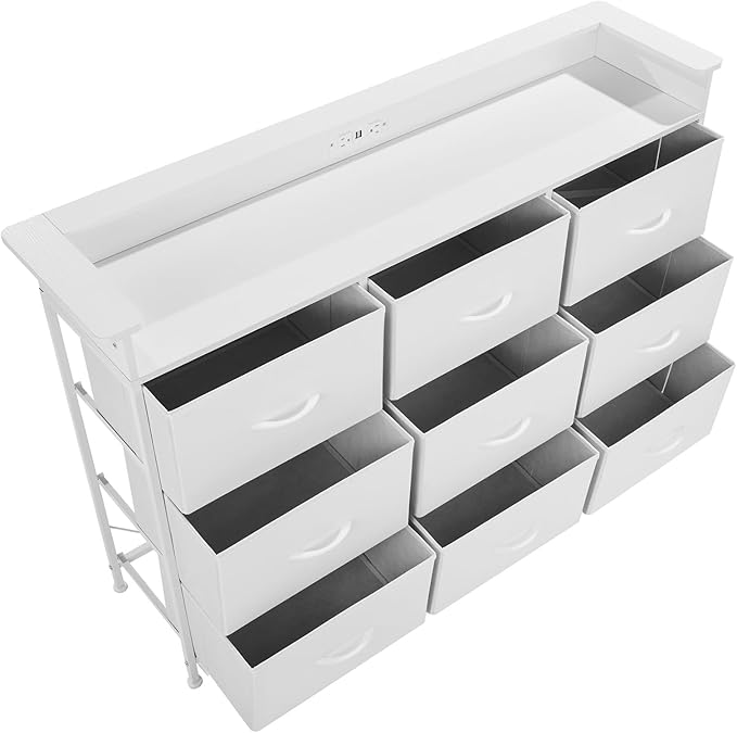 VEVOR 9 Drawer Dresser, Tall Drawer Dresser with Fabric Bin, Closet Storage Drawers with Sturdy Metal Frame, LED Lights & Built-in Outlet, Fabric Storage Tower for Bedroom, Hallway, Closet, White