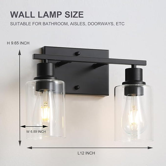 2-Lights Wall Lighting Matte Black Bathroom Vanity Light Fixtures,Vintage E26 Base Sconces with Clear Glass Shades, Farmhouse Modern Wall Lamp for Hallway,Bedroom,Living Room