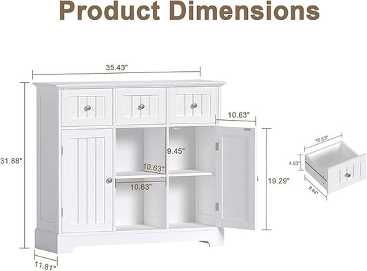 ChooChoo Buffet Cabinet, Coffee Bar with Drawers and Doors, Sideboard Storage with Shelves for Kitchen, Dining Room, Living Room, White