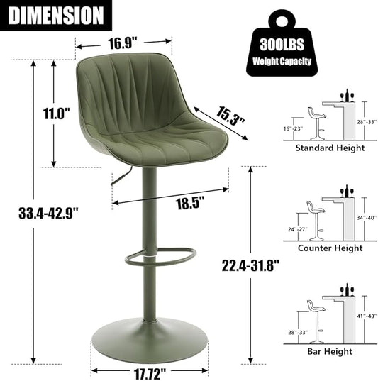 Kidol & Shellder Bar Stools Set of 2 Green Adjustable Swivel Counter Height Barstools Upholstered Modern PU Leather Bar Chairs Stools for Kitchen Island