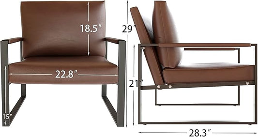 AWQM Modern PU Leather Accent Chair Arm Chair with Extra-Thick Padded Backrest and Seat Cushion Sofa Chairs for Living Room Bedroom, 105 Degree Slant Back, Non-Slip Adsorption Feet-Brown(Set of 1)