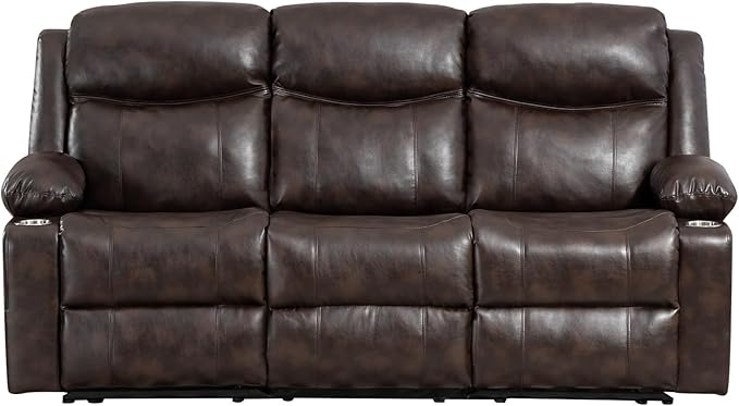 Manual Reclining Sofa - 3 Seat Recliner Sofa with Heat & Massage Function, Wall-Hugger Reclining Sofa for Living Room (Brown) | Side Pocket, Cup Holder