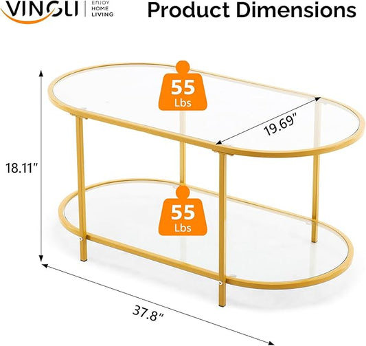VINGLI 38" Oval Coffee Table, Transparent Glass Metal Coffe Table for Home Decor, Modern Center Table with 2-Tier Storage, Long Coffee Tables for Living Room, Office, Small Space, Champagne Gold