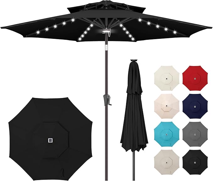 9ft Solar Umbrella Outdoor - 2 Tiers Lighted Solar Patio Umbrella with 40 LED Lights Waterprool UV Protection, Table Umbrella with Tilt for Pool, Porch, Garden, Backyard (Navy Blue)