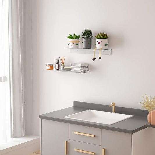 24 Inches Clear Floating Shelves for Wall, Acrylic Long Wall Shelf, Wall Mounted Shelves for Plants, Speaker, Radio, Funko Pop, Stuffed Animal, Books, Cosmetics, Toiletries, 2 Pack (24 Inch)