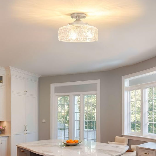 Brushed Nickel Semi Flush Mount Ceiling Light, 3-Light Close to Ceiling Light, Flush Mount Ceiling Lighting with Globe Glass, Farmhouse Closet Fixtures for Hallway Bedroom Entryway Kitchen Porch,E12