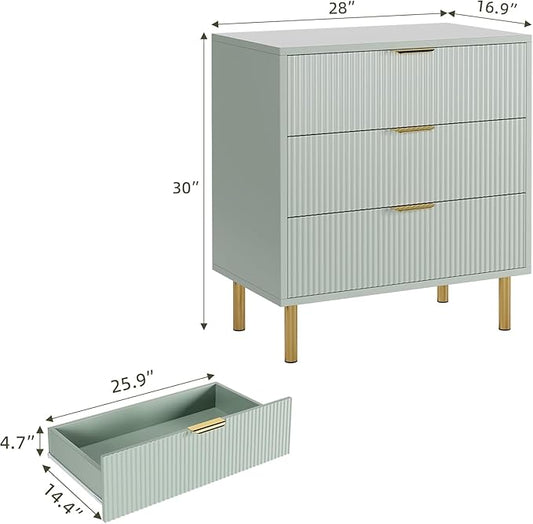 IDEALHOUSE Green Dresser, Modern 3 Drawer Dresser for Bedroom with Gold Handle and Large Drawer, Wood Double Chest of Drawers and Storage Organizer for Living Room, Hallway, Entryway