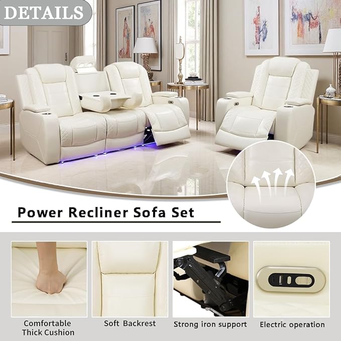 A Ainehome Power Leather Recliner Sofa Set with LED Lights, Reclining Sectional Sofa and Loveseat with USB Port/Storage Console (Creamy White, Sofa+Chair)