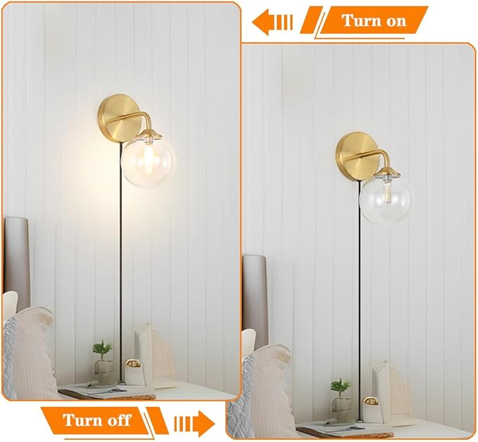 Gold Plug in Wall Sconces Set of 2, Mid Century Plug Sconce with Clear Globe Glass Lampshade, Brushed Art Deco Wall Light Fixture with Plug in Cord for Bedroom Living Room Hallway, G9 Bulbs