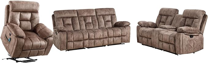 EBELLO 3 Pieces Recliner Sofa Furniture Set, Power Lift Recliner Chair with Massage and Heat, Manual Loveseat and 3 Seat Reclining Couch Set for Living Room, Brown