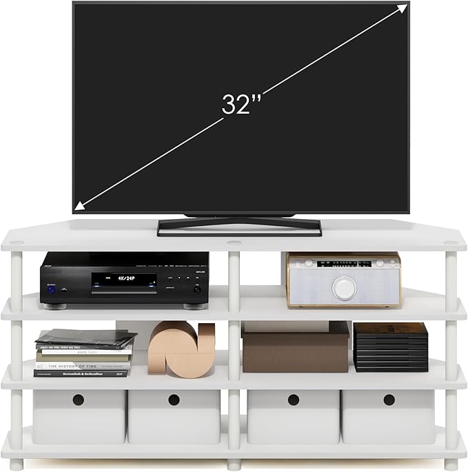 Furinno ECON TV Stand, 4-Tier Corner Entertainment Center, TV Console for TV up to 55 Inch, Easy Assembly, for Living Room, Bedroom, White