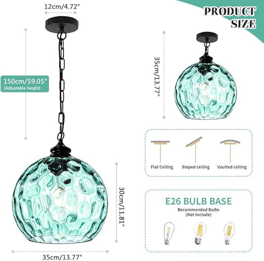 Large Glass Pendant Light for Kitchen Island, Vintage Pendant lamp with Green Glass Shade 1-Light Black Pendant Light Globe Hanging Pendant Lighting for Farmhouse Dining Room Bedroom