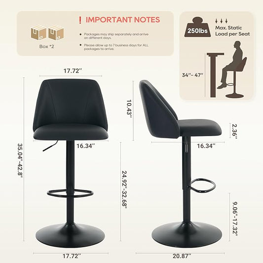 COLAMY Adjustable Bar Stools, Modern PU Leather Bar Chairs with Curved Mid-Back, 360° Swivel Counter Height Stools with Footrest & Sturdy Base for Kitchen Island, Dining Room, Home Bar,Set of 4
