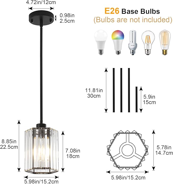 Crystal Pendant Lights for Kitchen Island, Modern Black Kitchen Hanging Pendant Light Fixtures, Black Hexagonal Mini Crystal Chandeliers for Dining Room, Hallway, Foyer, Entryways