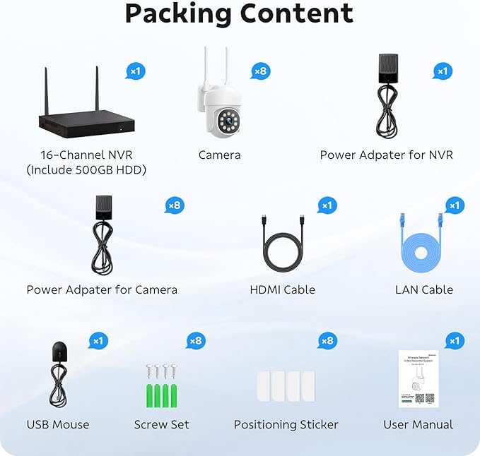 Wireless Security Camera System, CAMCAMP 24/7 Recording Security Cameras Wireless Outdoor 16CH NVR PTZ 2.4G& 5G WiFi 4K Smarting Night Vision Auto Human Tracking CCTV Surveillance Kit(8)