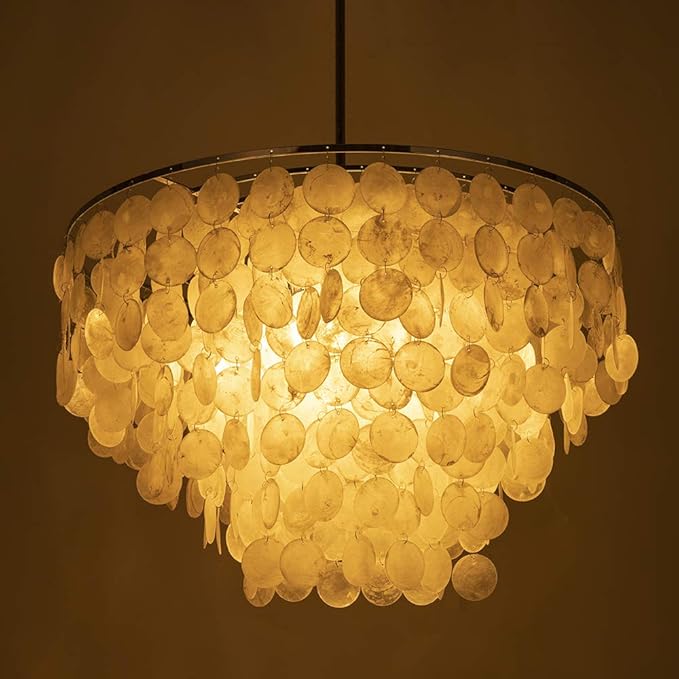 Wellmet Natural Capiz Shell Chandelier, 6 Lights Coastal Modern Capiz Chandelier Pendant Lighting, Hanging Round Layered Chandelier for Living Room, Dining Table, Bedroom, Kitchen, Foyer, W-23.62”