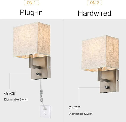 Bedside Wall Mount Light with Dimmer Switch and Two USB Charging Port,Fabric Linen Shade Wall Sconces Light with Plug in Cord and Satin Nickel Finish, Perfect for Bedroom, Living Room and Hotel