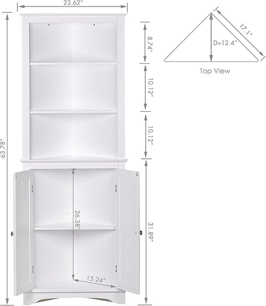 Spirich Tall Corner Cabinet with Doors and Shelves, Freestanding Corner Storage Cabinet for Bathroom, Kitchen, Living Room, White