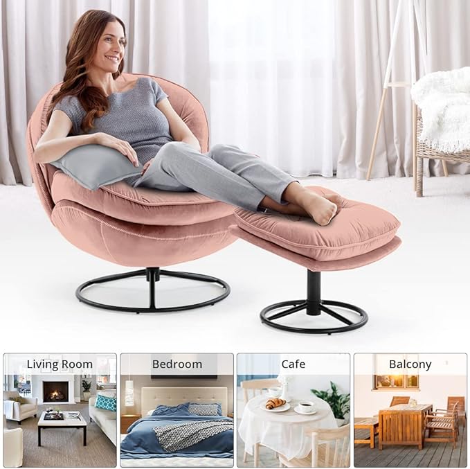 Velvet Swivel Accent Chair with Ottoman Set, Modern Lounge Chair with Metal Base Frame & Footrest, Comfortable Single Leisure Sofa Chair Reading Chair with 360 Degree Swiveling for Living Room, Pink