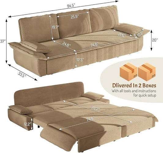 KEIKI 94.5'' King Sleeper Sofa Bed, Space-Saving 3-in-1 Pull Out Futon Couch, Modern Corduroy Loveseat Sofa with Reclining Back, Ideal for Apartment, Studio, Small Spaces