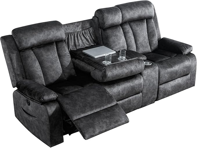 GUEAPY Power Reclining Sofa with Massage & Heat, 3 Seater Power Recliner Sofa Couch with USB & Type-C Ports, Center Console, Cup Holders & Storage for Living Room & Home Theater RV (Charcoal Grey)
