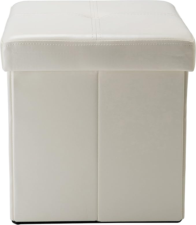Simplify Faux Leather Folding Storage Ottoman | Single | Collapsible | Tufted Padded Seating | Foot Rest | Bench | Toy Box | Ivory