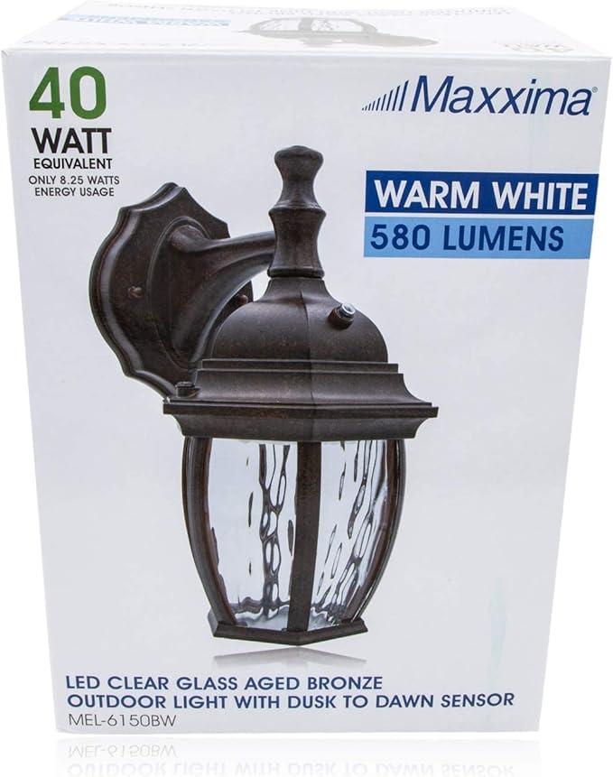 Maxxima LED Outdoor Wall Light - Features Clear Water Glass, 3000K Warm White, 580 Lumens, Dusk to Dawn Photocell Light Sensor, Patio or Porch Sconce Fixture, Ideal for Exterior Decor Lighting - Brown