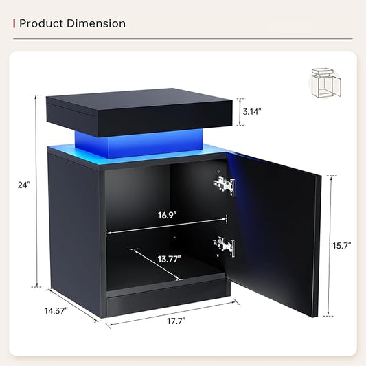 LED Nightstands Set of 2, 17 Inches Night Stand Set 2, Modern Bedside Table with LED Lights, High Gloss Surface, End Table with Storage for Bedroom, Black