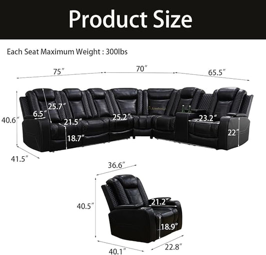 A Ainehome Power Reclining Sectional Couch, Power Leather Recliner Sectional Sofa Living Room Furniture Set with USB Port/Storage Console for Living Room/Office(B-Black)