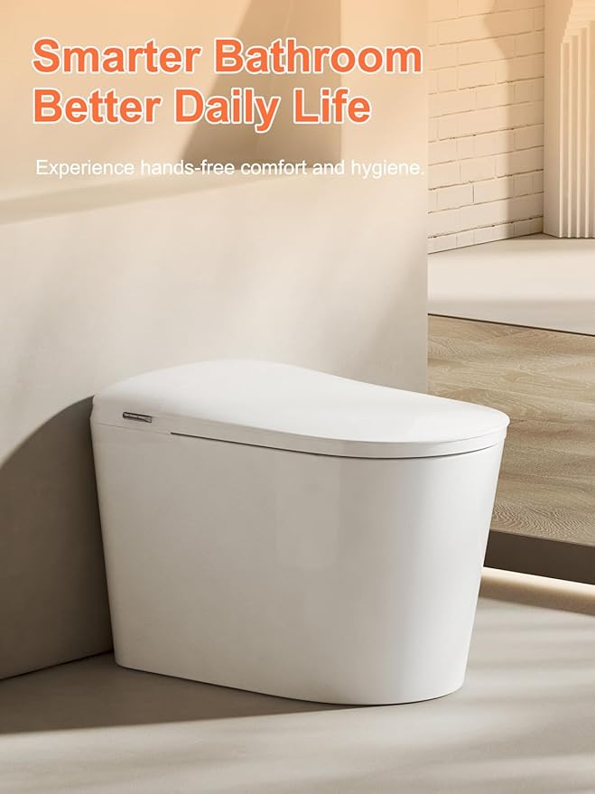 Smart Toilet with ADA Comfort Height Heated Seat, Night Light, Tankless Auto Toilet Flushing, Foot Sensor Operation, Modern Elongated One-Piece Toilet for Bathrooms