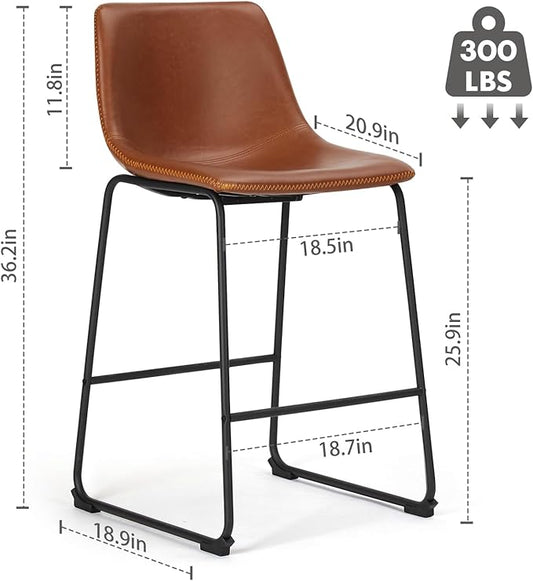 NEWBULIG 26 Inch Counter Height Bar Stools Set of 4, Armless Bar Height Stools, Faux Leather Barstools with Back, Kitchen Island Chairs, Comfortable Modern Chairs with Metal Legs, Classic Brown