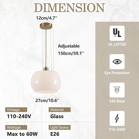 BOKT Gold Dome Pendant Lighting Milk White Globe Glass Pendant Light Adjustable Hanging Lamp 2-Pack Ceiling Lighting Nordic Creative Glass Kitchen Lights for Living Room Bedroom Dining Room