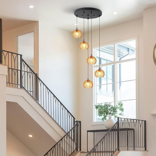 5-Light Glass Long Chandeliers for High Ceilings, Mid Century Modern Staircase Chandelier Lighting with Amber Globe Glass Shade Cluster Pendant Light for Foyer Living Room Entryway, Adjustable