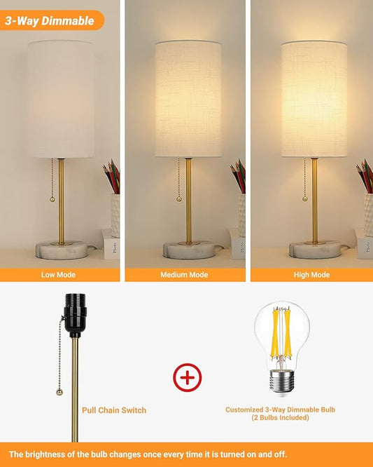 Small Table Lamp, Bedroom Lamps Set of 2, 3 Way Dimmable Bedside Lamps with Marble Base & Linen Shade &Pull Chain Nightstand Lamps 18.5 Inches Desk Lamps for Living Room(Bulbs Included)