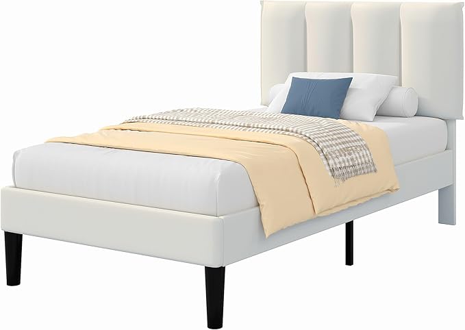 VECELO Twin Size Bed Frame with Upholstered Headboard, Heavy-Duty Bedframe with Wooden Slats & Steel Framework, Easy Assembly, Pure White