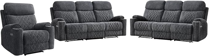 HAOMARKETS 3-Piece Power Recliner Sofa Set with Charging Port, Include Single Power Recliner Chair and 2 Electric 3-Seater Recliner Couches with Cup Holders for Living Room, Dark Grey