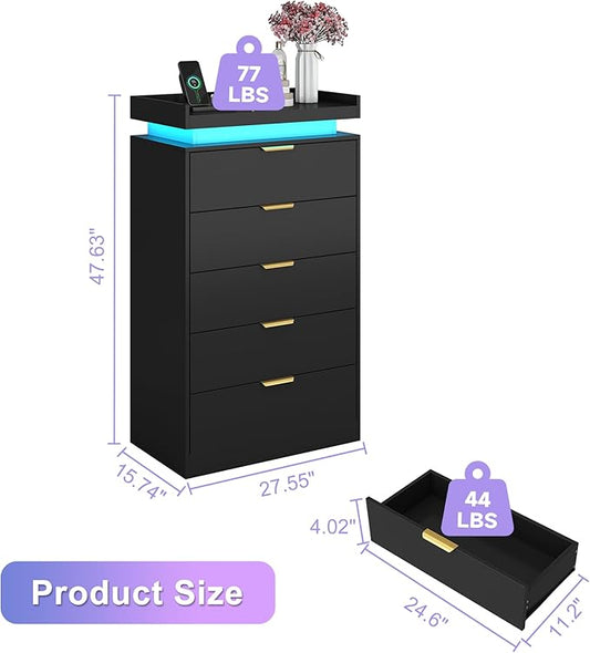 Tall Dresser for Bedroom, Black Dresser with LED Lights, Wood 5 Drawer Chest with Power Outlet, Modern Tall Chest of Drawers for Bedroom, Entryway, Hallway