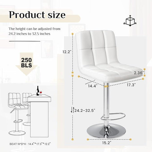 DUMOS Bar Stools Set of 2, 24 inch Counter Height Bar Stools, Upholstered Modern Kitchen Barstools with Metal Base, PU Leather Saddle Stools for Kitchen Island, Snowy White