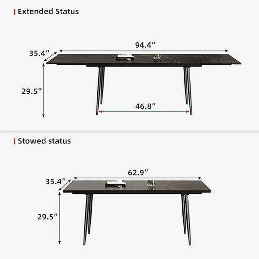 62.9"-94.4" Modern Extendable Dining Table for 6 to 10 Seats, Rectangular Sintered Stone Table with High Hardness and Easy Maintenance for Dining Room Family Gathering, Black Top