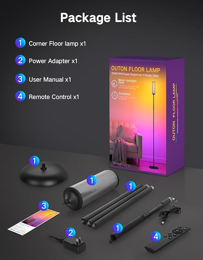 OUTON LED Floor Lamp with Remote & APP Control, Tall Standing Lamp, 16 Million Colors, 32 Scene Modes & Music Sync, Modern Corner Lamps for Living Room, Bedroom, Gaming, Black & Glass Lampshade