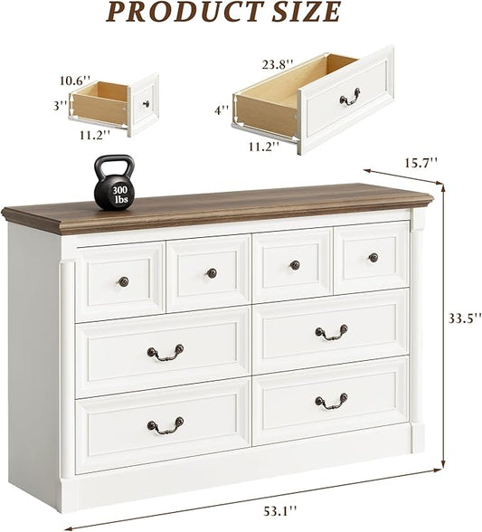Concho Farmhouse 8 Drawers Dresser for Bedroom, 53'' Wide Wood Chest of Drawers with Spacious Deep Storage Space, Rustic Storage Dressers Organizer, TV Stand for Living Room, Bedroom, Antique White