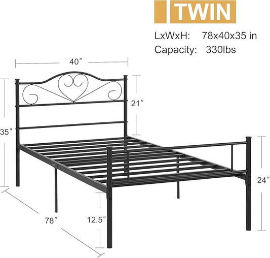 VECELO Twin Size Bed Frames with Headboard and Footboard, Metal Mattress Foundation, No Box Spring Needed, Heavy Duty/Easy Set Up, 2 PCS, Classic Black