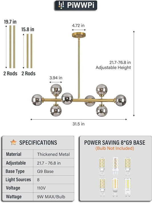Modern Linear Chandeliers for Dining Room, 8-Light Globe Sputnik Pendant Ceiling Light, Brass Gold Dining Room Light Fixture Over Table, Mid Century Glass Smoke Grey Bubble, 31.5 Inch, GC-09