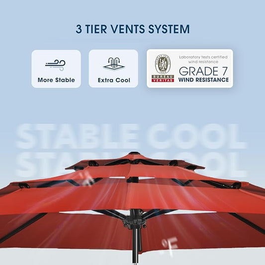 wikiwiki 9ft 3-Tier Patio Umbrella Outdoor Table Market Umbrella for Patio with Push Button Tilt/Crank, Fade Resistant Waterproof POLYESTER Canopy for Garden, Lawn, Deck, Backyard & Pool, Red