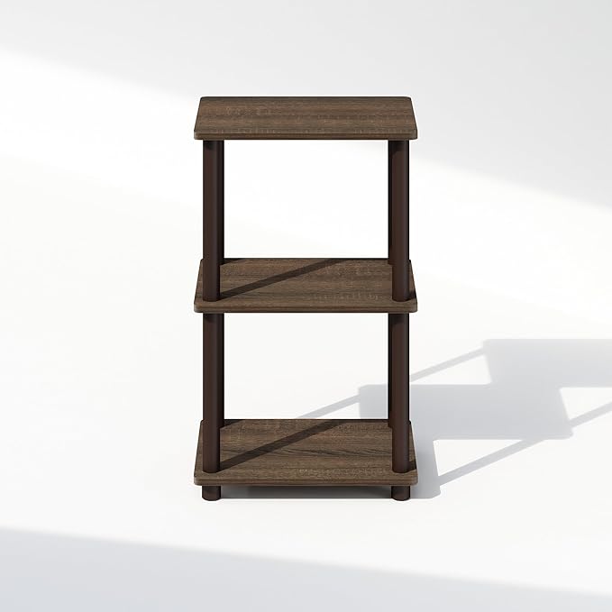 Furinno Turn-N-Tube Side Table, 2-Tier End Table with Open Shelf, Easy Assembly Night Stand, Bedside Table with Round Tube, for Living Room, Bedroom, Walnut