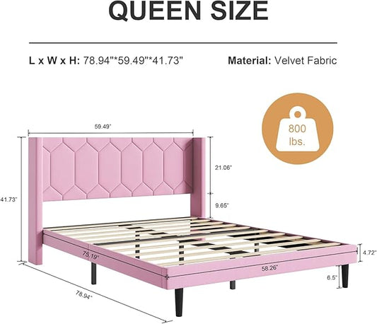 Queen Size Bed Frame with Velvet Upholstered Headboard, Platform Bed Frame No Box Spring Needed, Modern Bedframe with Strong Wooden Slats, Pink
