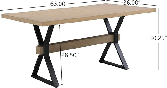 Christopher Knight Home Keyats 63 Inch Dining Table for 6 People, Modern Farmhouse Kitchen Table with X-Shaped Metal Legs, Rectangular Dinner Furniture for Dining Room, Home Office, Light Ash