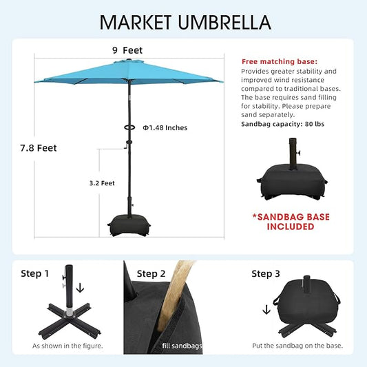 wikiwiki 9FT Patio Umbrella with Base, Outdoor Umbrellas with Base Included, 8 Sturdy Ribs, Waterproof Fade Resistant POLYESTER DTY Canopy for Deck, Lawn, Garden, Backyard & Pool, Sky Blue