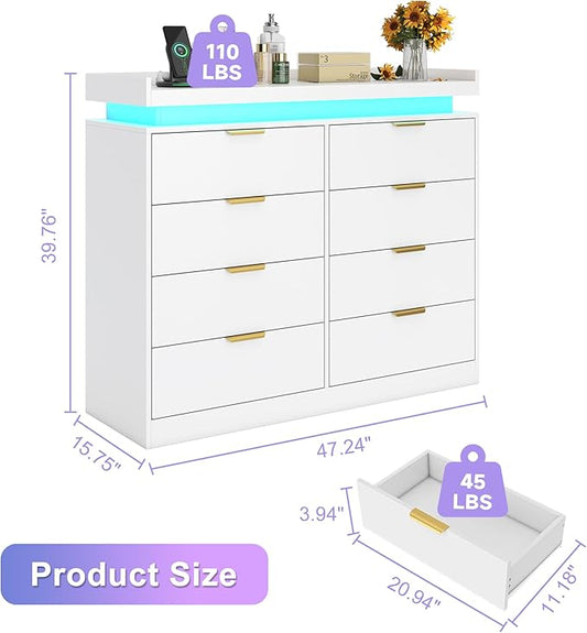 8 Drawer Dresser for Bedroom, White Dresser with LED Lights and Power Outlet, Wooden Dressers Chests of Drawers, Double Wide Dressers for Bedroom, Entryway, Hallway