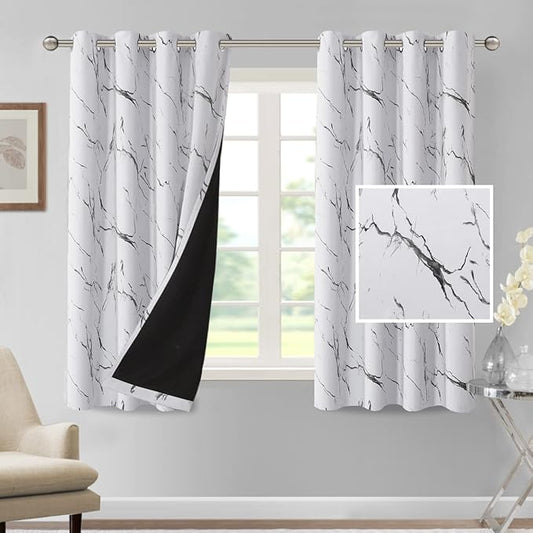 H.VERSAILTEX 100% Blackout Curtains 63 inch Length 2 Panels Set Marble Designs Printed Drapes Thermal Curtains for Bedroom with Black Liner Sound Proof Curtains, Grey